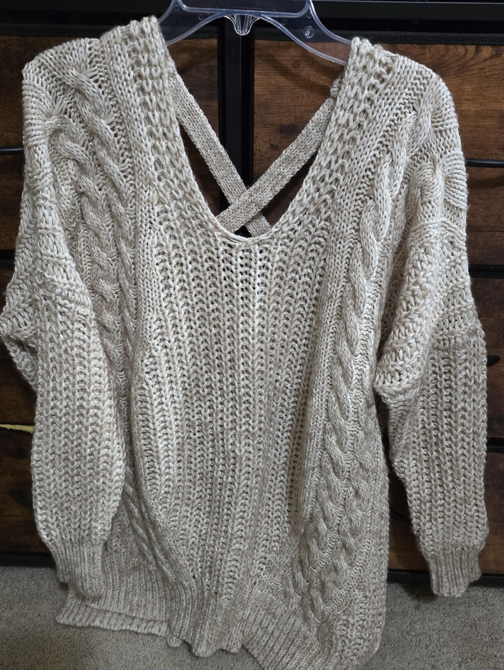 Women’s Cream Cable Knit V-Neck Sweater with Crisscross Back